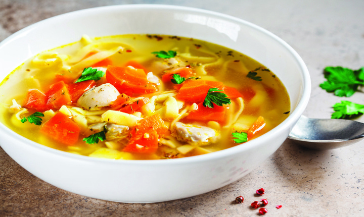 Sopa de pollo con fideos y verduras
