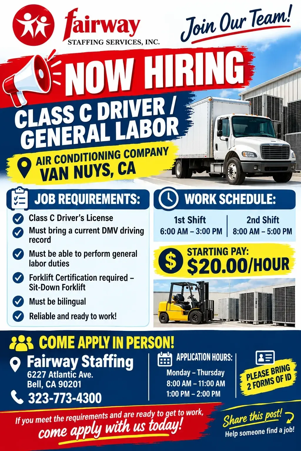 Now hiring Class C Driver / General Labor