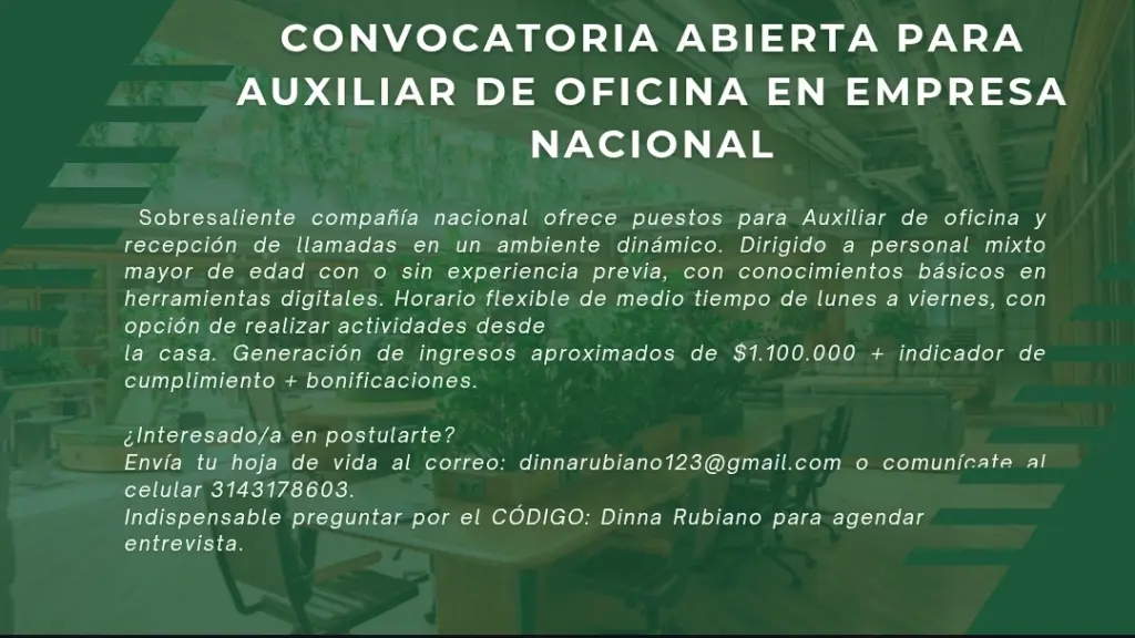 CONVOCATORIA ABIERTA PARA AUXILIAR DE OFICINA EN EMPRESA NACIONAL