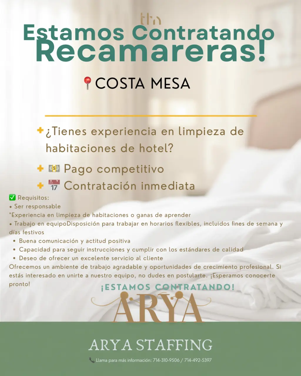 ¡Se Necesitan Recamareras en Costa Mesa!