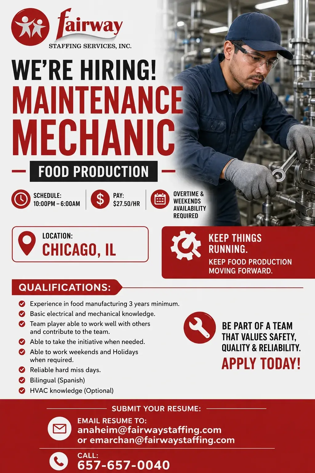Maintenance Mechanic Wanted for Food Manufacturing!