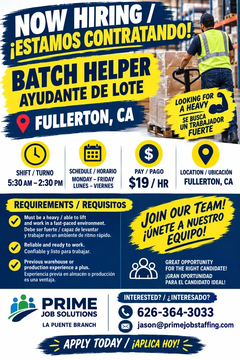 NOW HIRING /ESTAMOS CONTRATANDO! BATCH HELPER / AYUDANTE DE LOTE – FULLERTON, CA