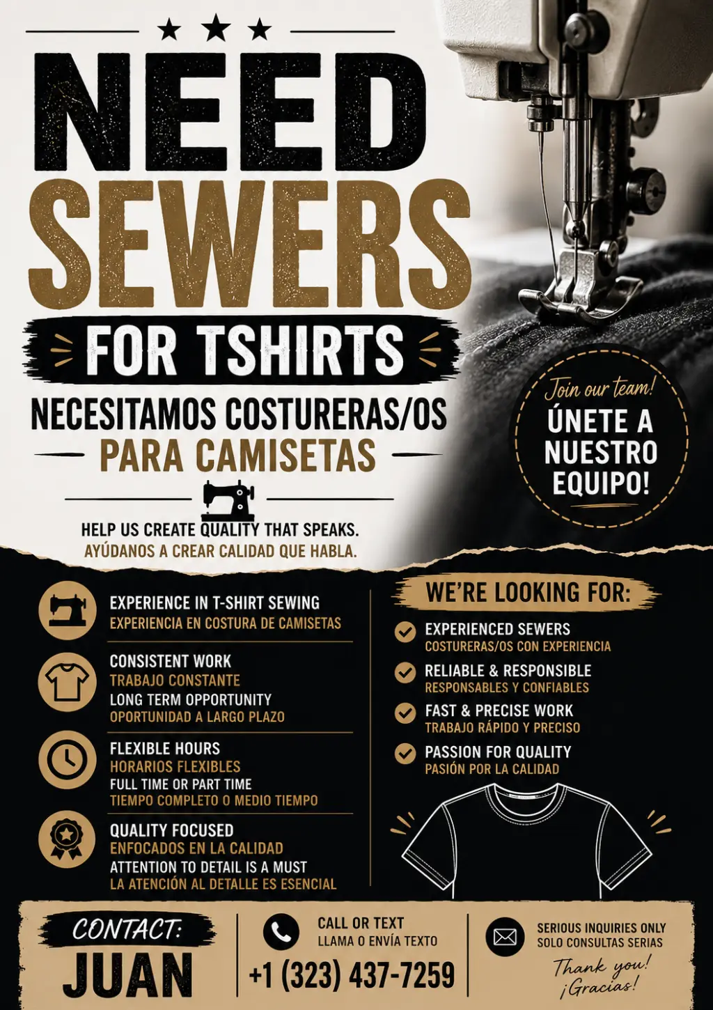 NECESITAMOS COSTURERAS/OS PARA CAMISETAS