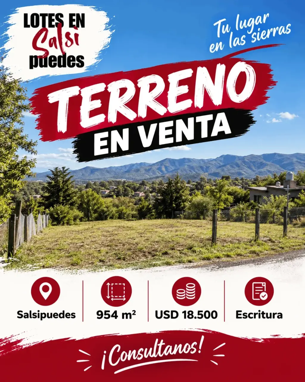 Excelente terreno de 954 m² en Salsipuedes con escritura y servicios