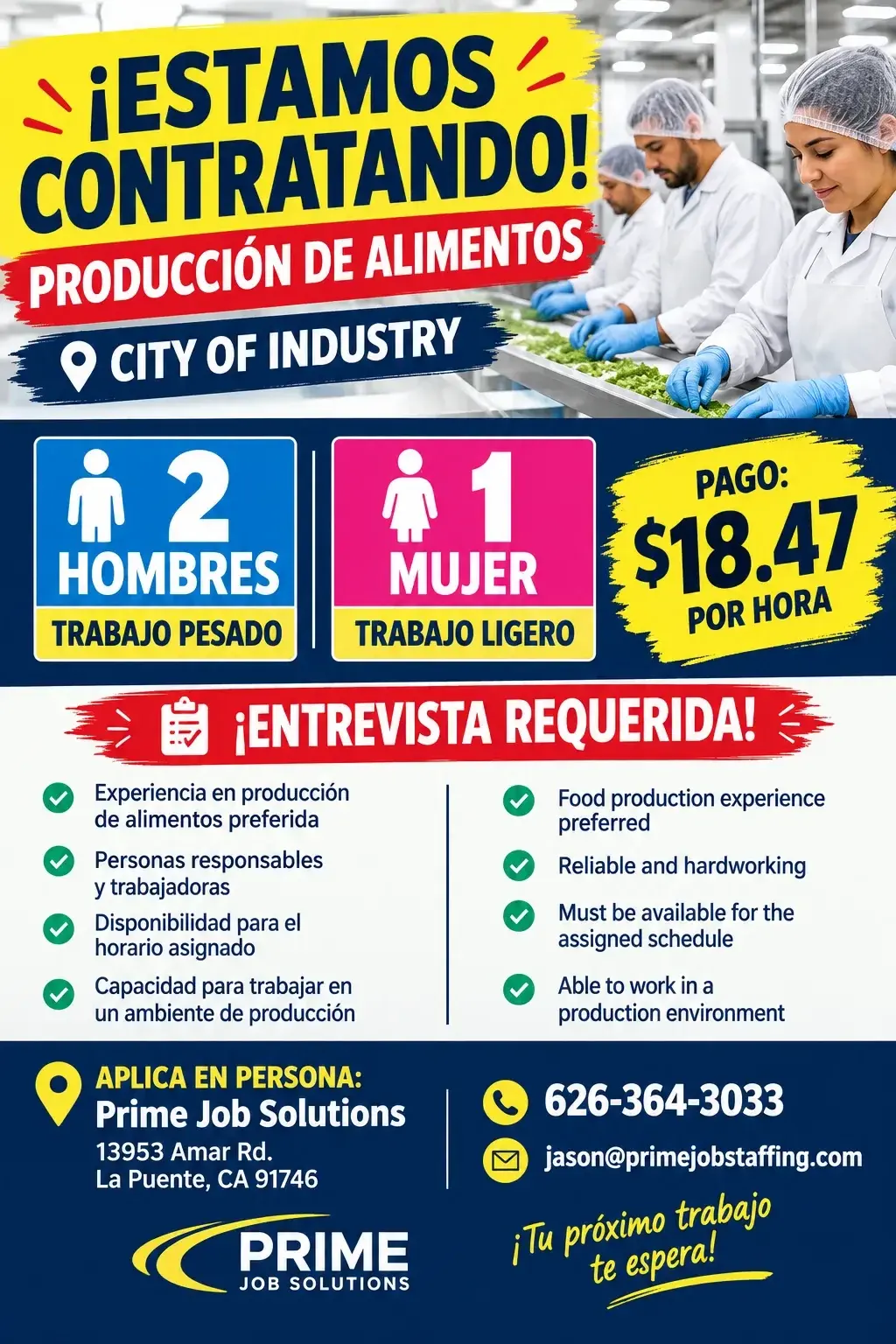 🔥 ¡CONTRATANDO! 2 HOMBRES + 1 MUJER – PRODUCCIÓN DE ALIMENTOS | $18.47/HR 🔥