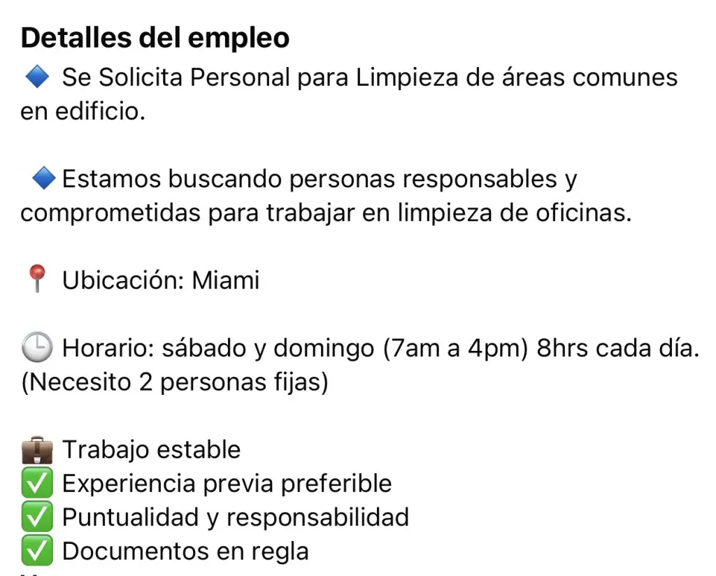 Se Busca Personal de Limpieza para áreas comunes  en Coral Gables.
