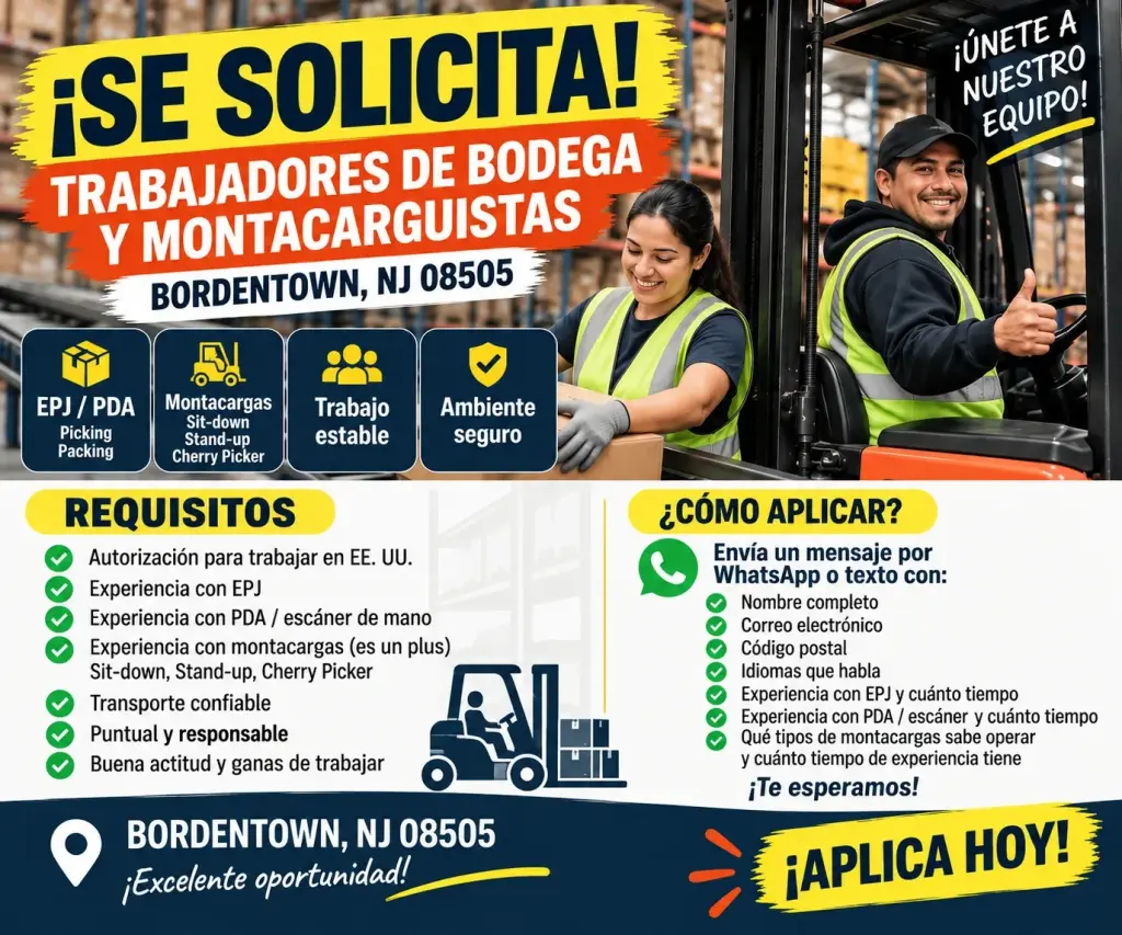 ¡Estamos Contratando! Trabajadores de Bodega y Montacarguistas