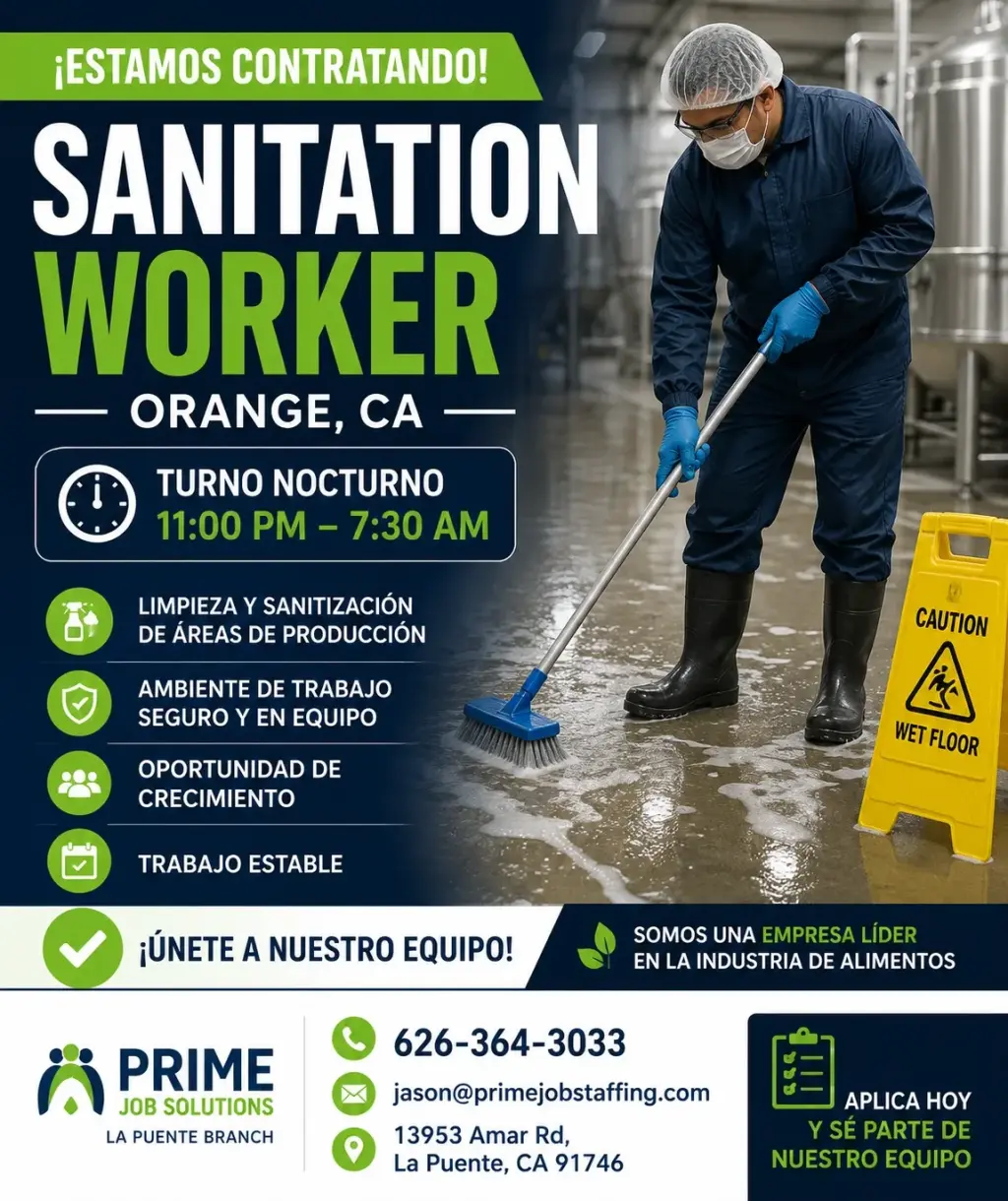 SANITATION WORKER – ORANGE, CA- 11PM–7:30AM