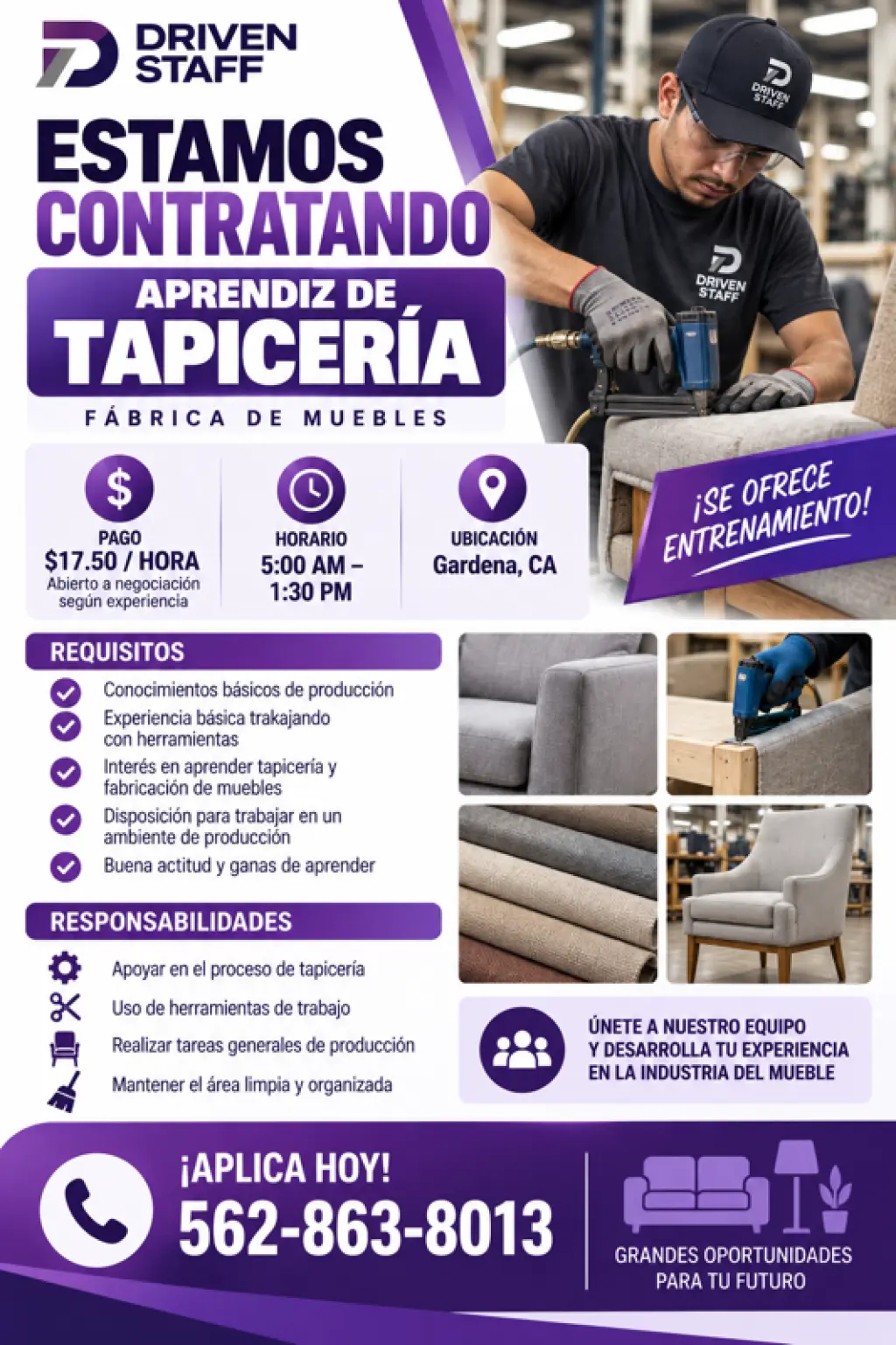 Puesto Diponible- Aprendiz de Tapiceria