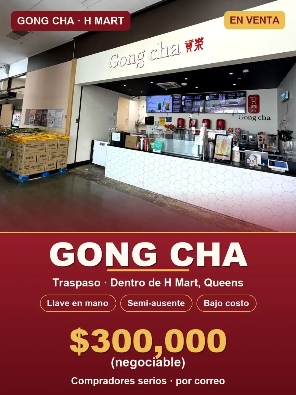 Traspaso Gong Cha (bubble tea) en H Mart Queens — operado por empleados