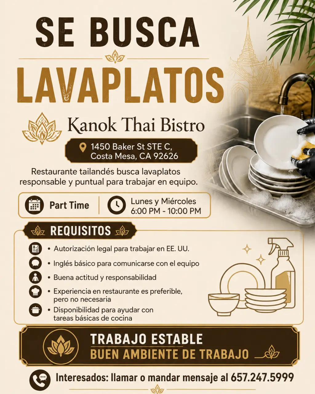 Restaurante tailandés en Costa Mesa busca lavaplatos responsable y puntual.
