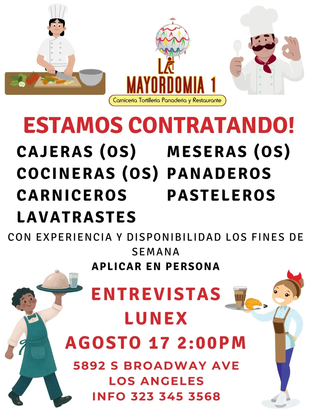 Se busca Cociner@s Meser@s Cajer@s Carniceros Lavatrastes Panaderos y Pasteleros