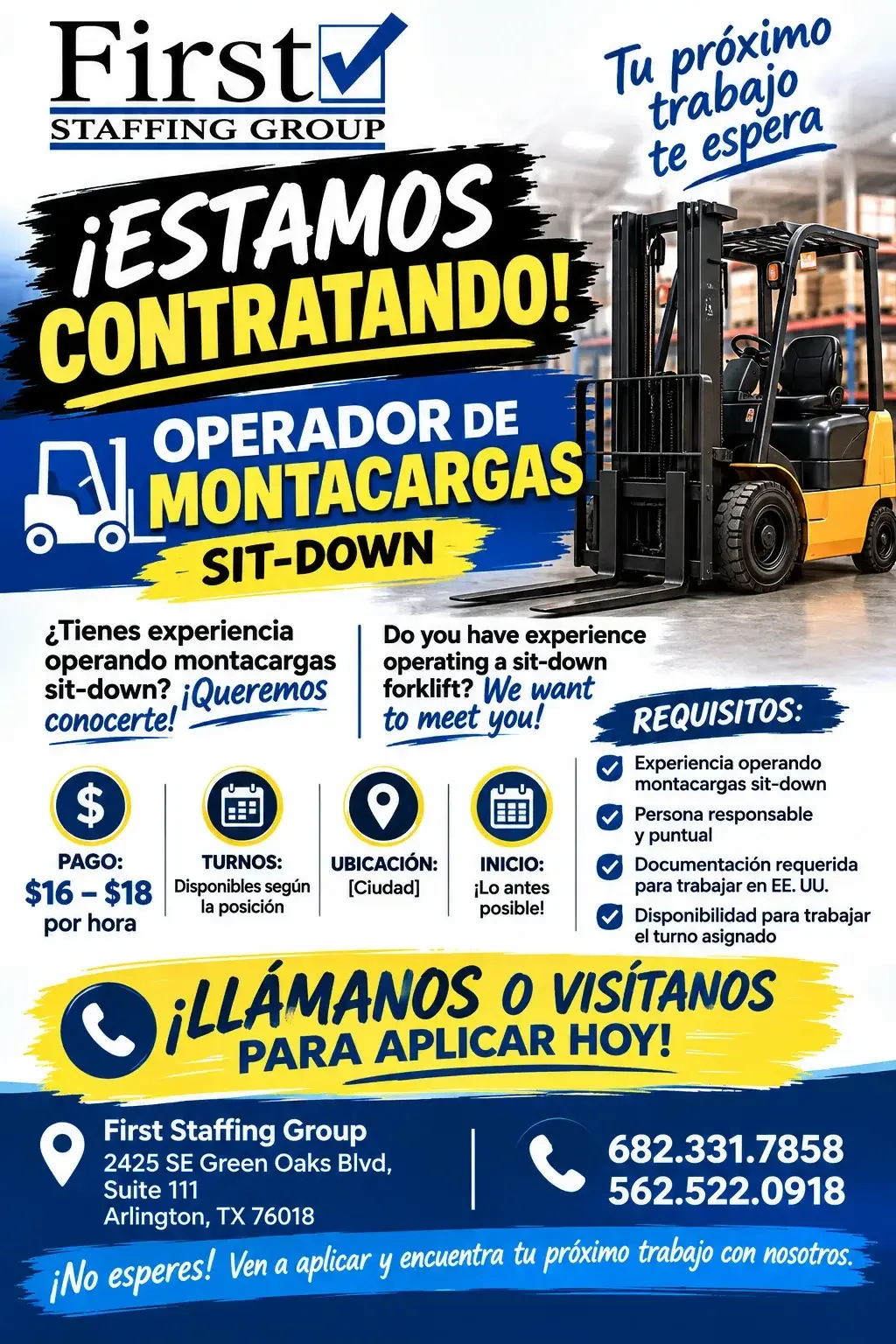 🚨 ¡ESTAMOS CONTRATANDO! 🚨 🦺 OPERADOR DE MONTACARGAS – SIT-DOWN 🦺