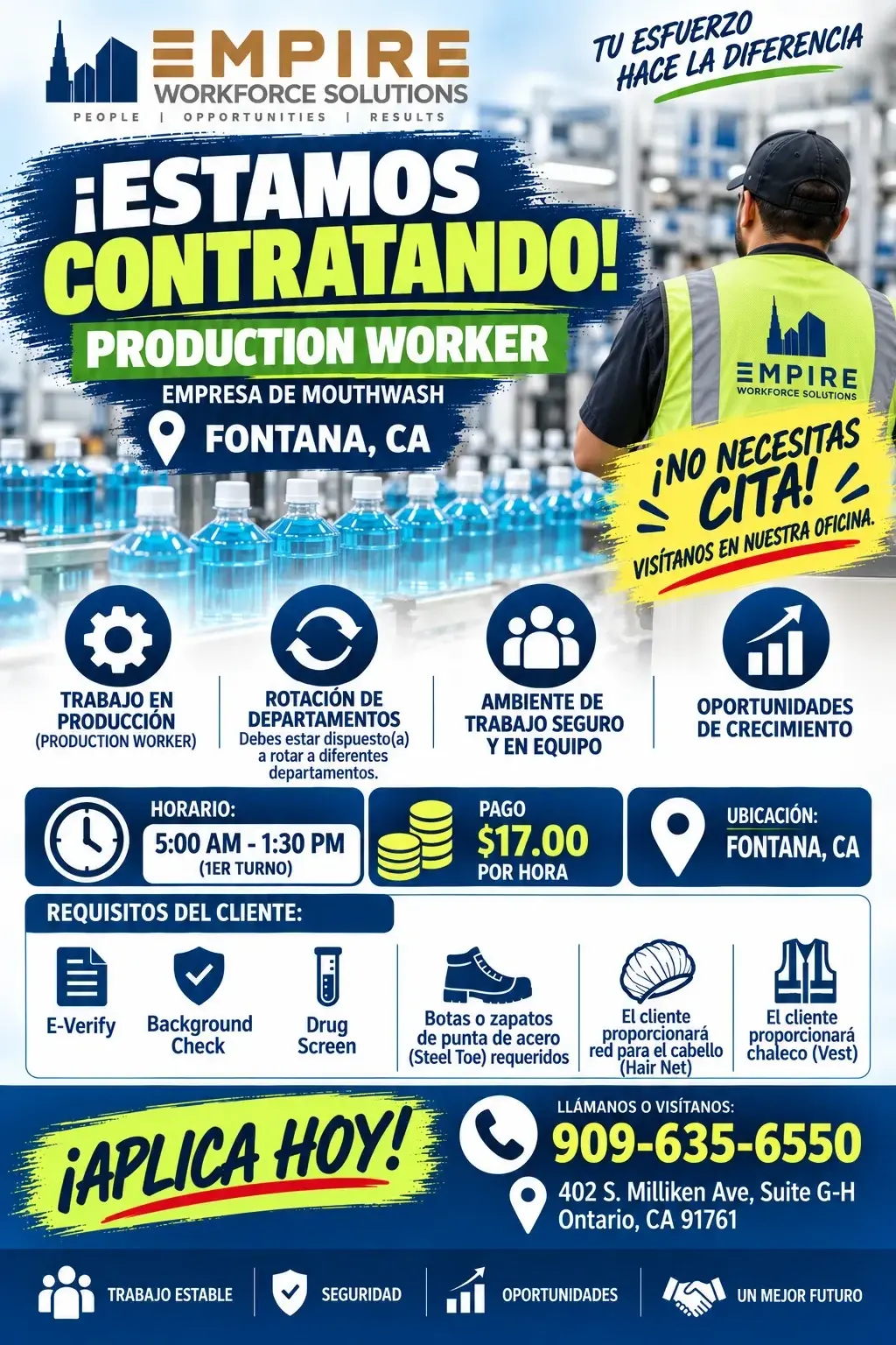Production Workers Needed – Fontana – $17/hr – 1st Shift