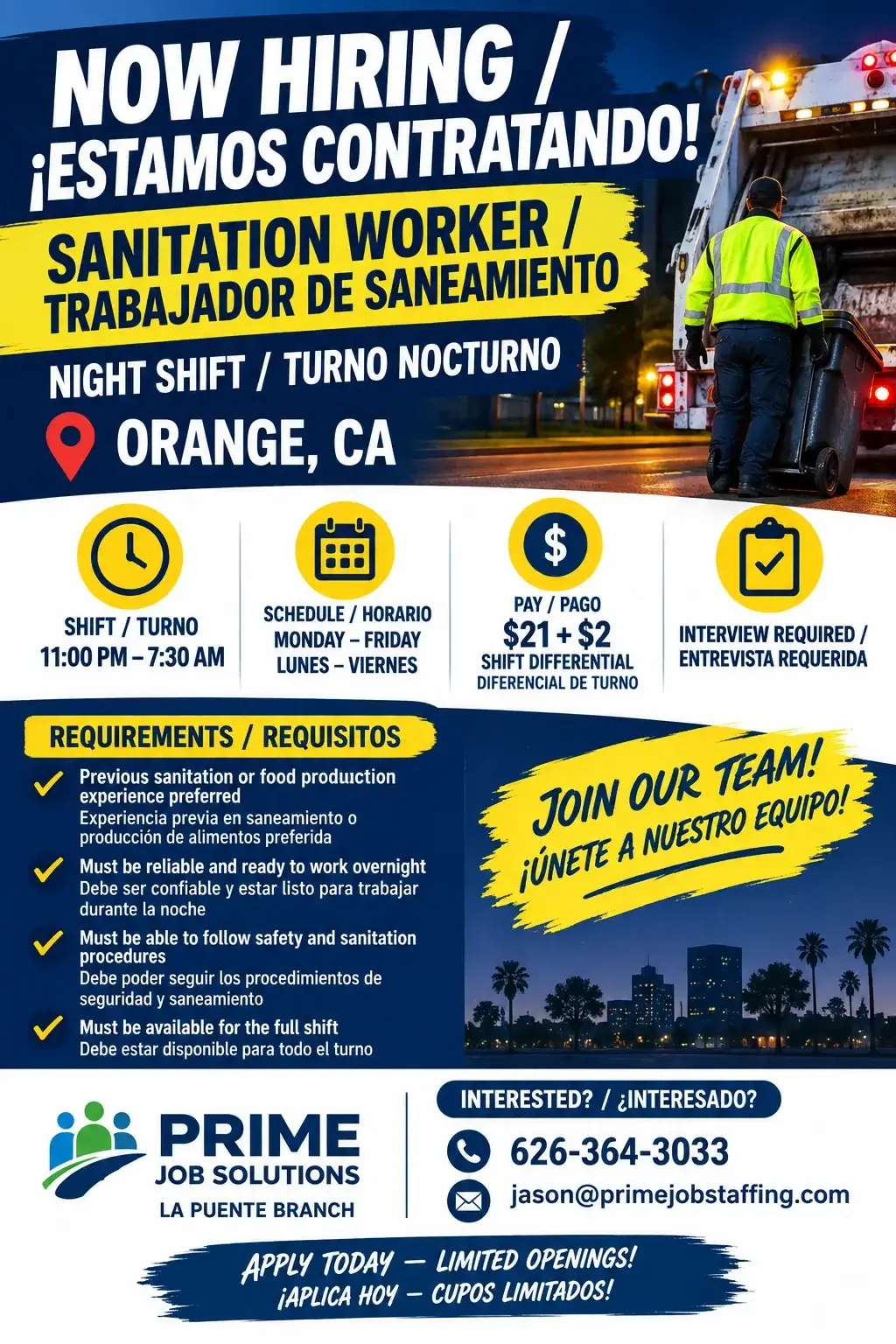 NOW HIRING / ¡ESTAMOS CONTRATANDO! –SANITATION WORKER /TRABAJADOR DE SANEAMIENTO