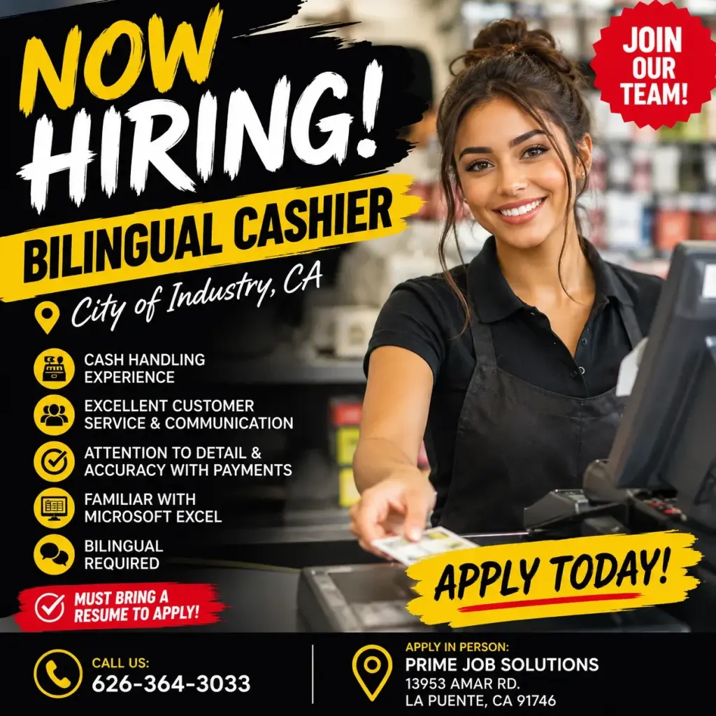 🔥 NOW HIRING: BILINGUAL CASHIER – CITY OF INDUSTRY! APPLY TODAY!