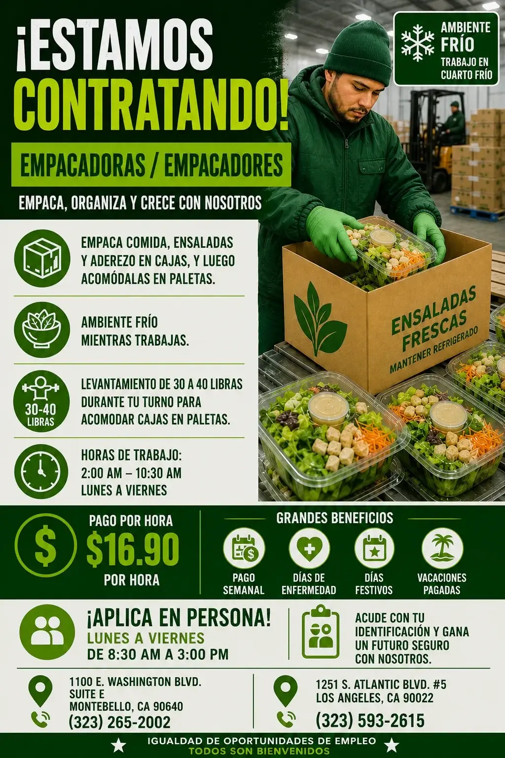 Empaque de Verduras. Ambiente Frio en Commerce, CA.