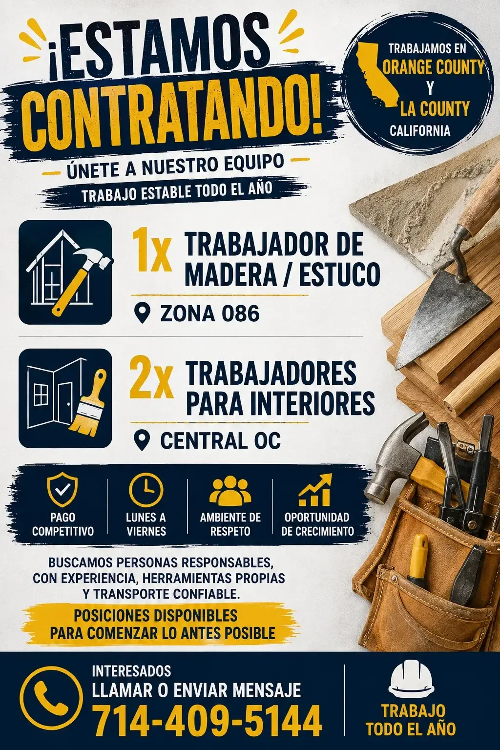 ¡TRABAJO ESTABLE EN OC Y LA – CONTRATANDO YA! 🔨