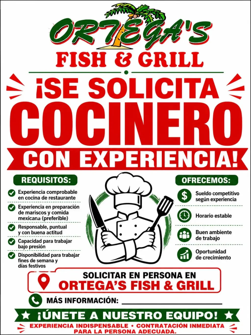 Se Solicita Cocinero con Experiencia en Ortega's Fish & Grill