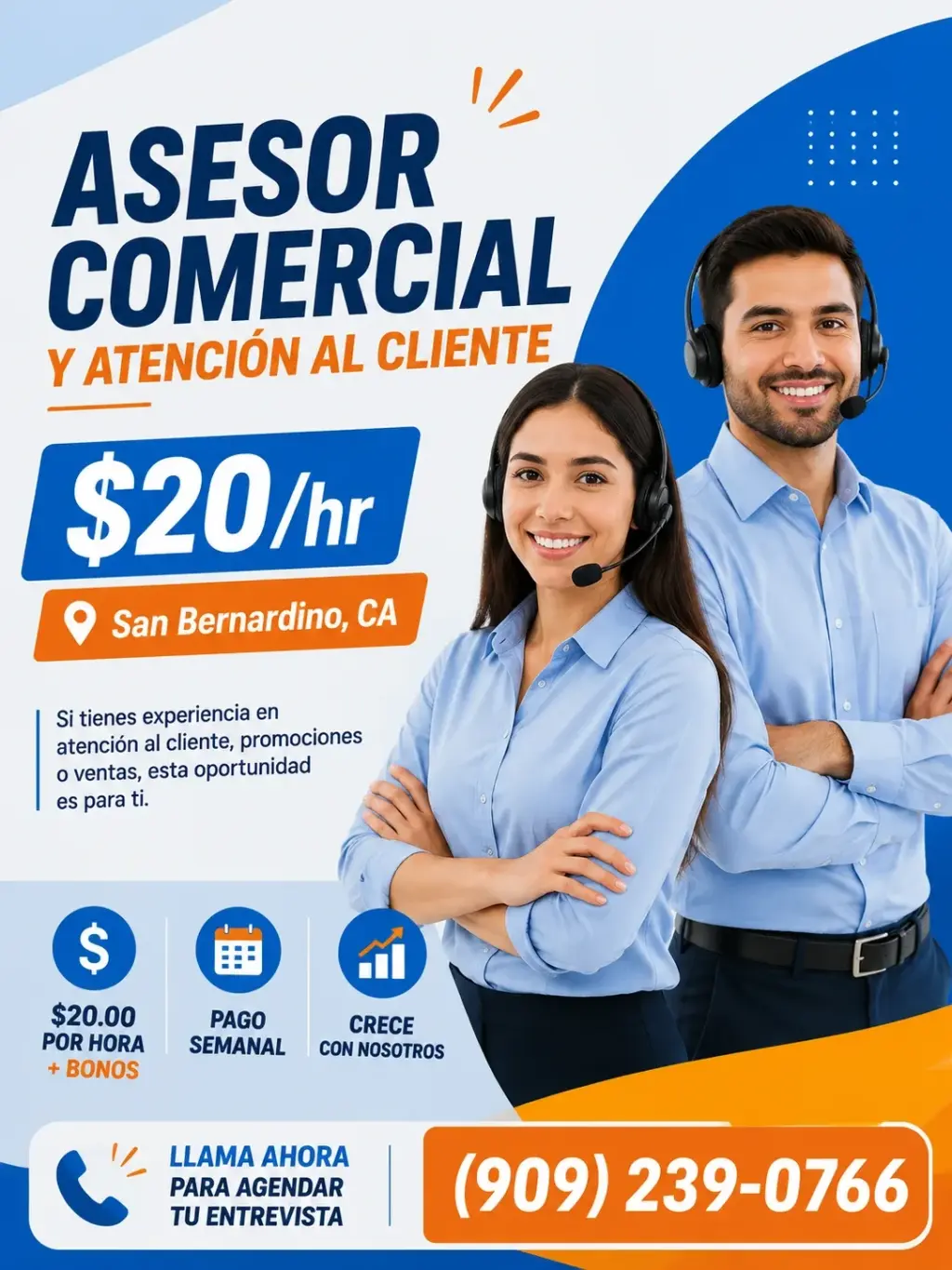 Asesor comercial y atención al cliente – $20/hr / San Bernardino, CA
