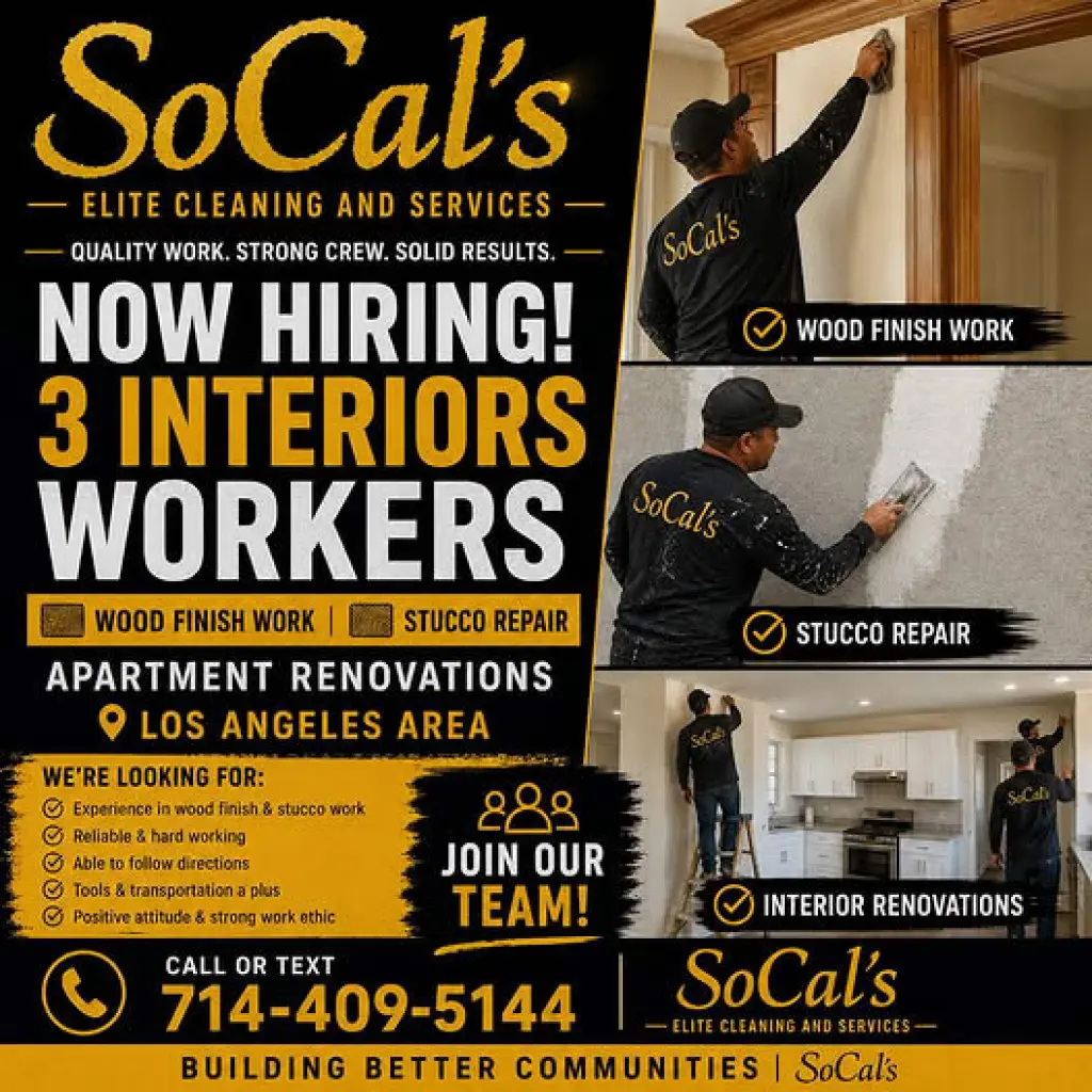 *¡ESTAMOS CONTRATANDO – Trabajadores para Remodelación de Interiores!*