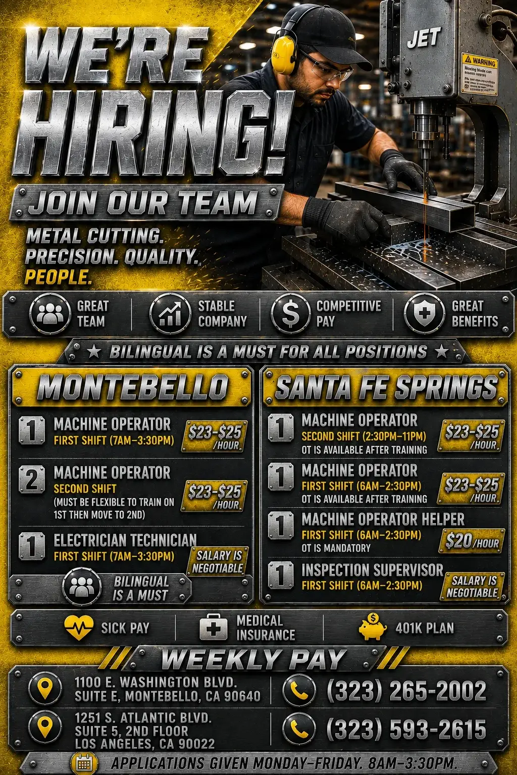 Precision Metal Grinding - Hiring Machine Operators. Montebello-Santa Fe Springs