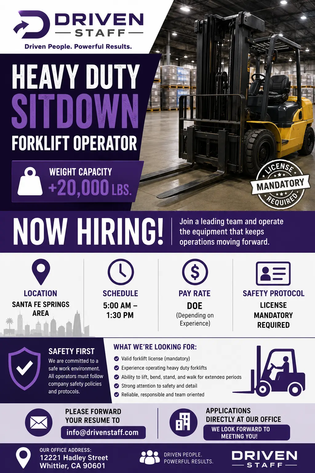 Heavy Duty Sit-Down Forklift Operator (20,000+ lb Capacity)