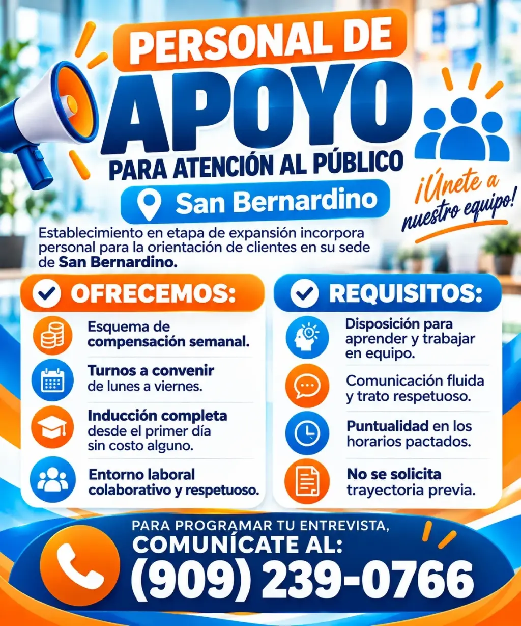Personal de apoyo para atención al público en San Bernardino