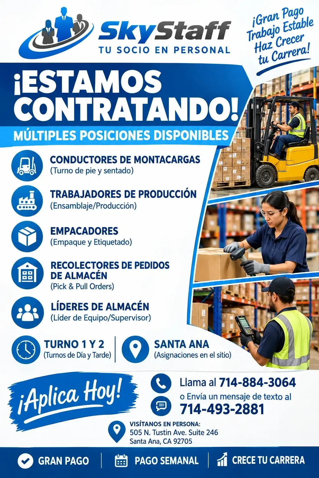 🚨 ¡ESTAMOS CONTRATANDO EN SANTA ANA! Montacargas, Producción y Almacén 📲