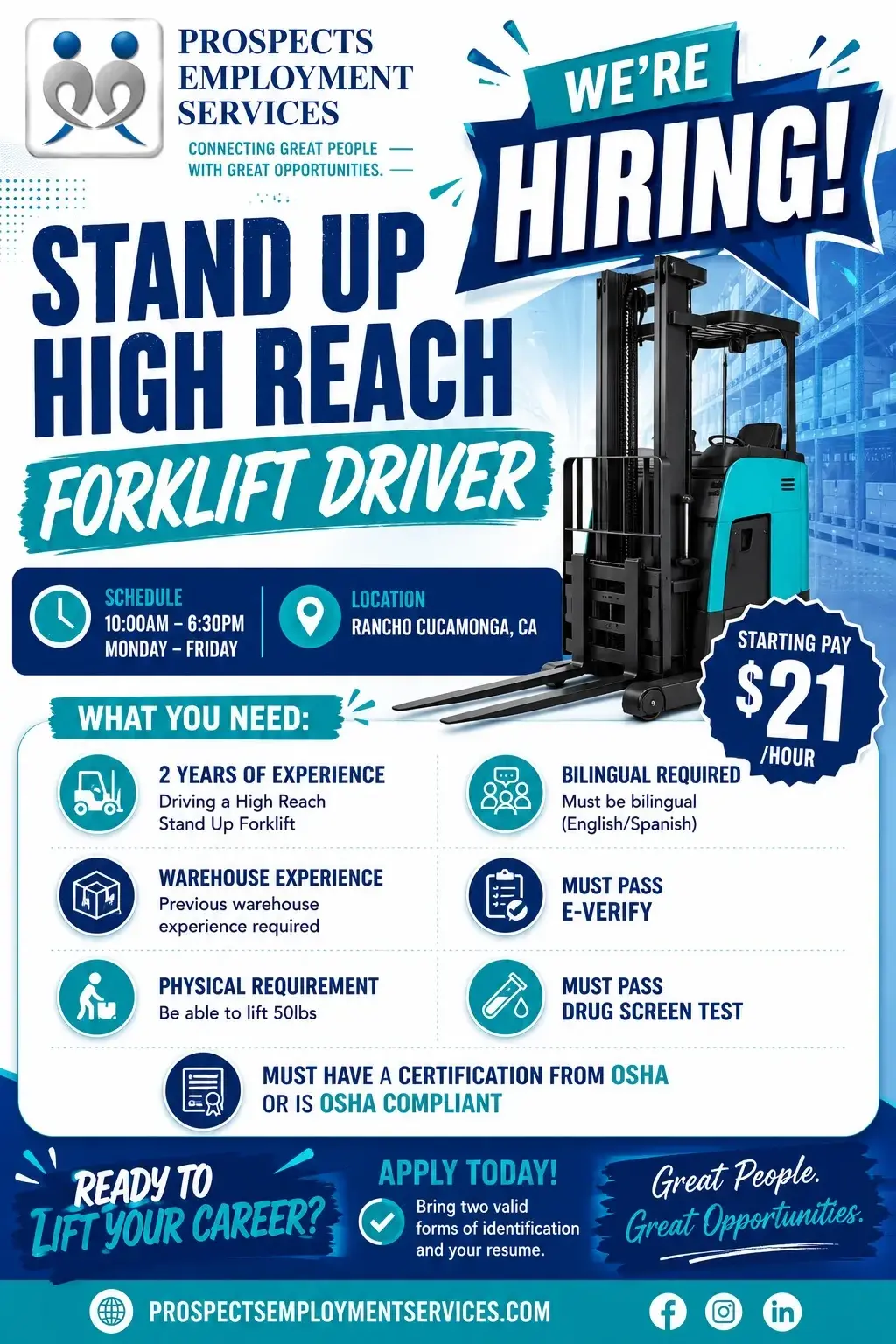 Hiring Stand Up High Reach Forklift Drivers!!!