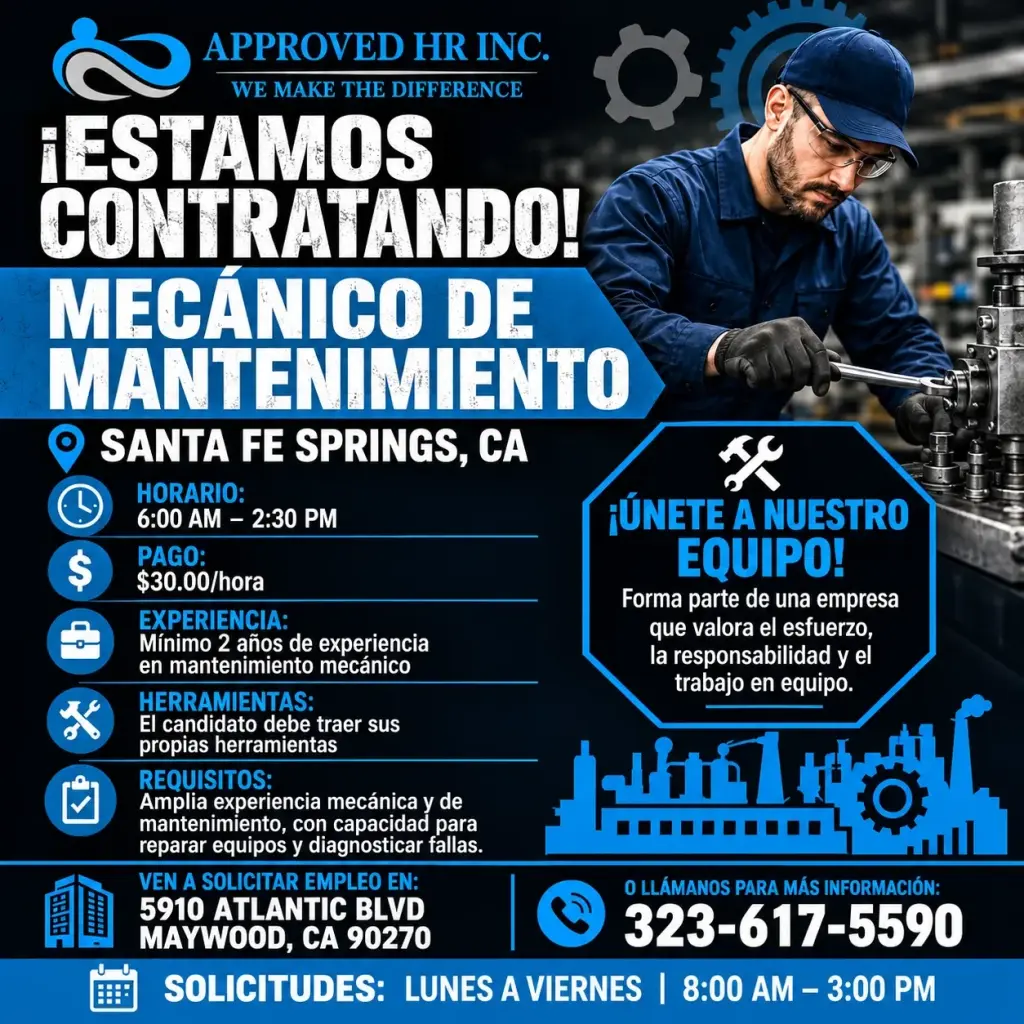 🚨 ¡ESTAMOS CONTRATANDO! 🚨  🔧 MECÁNICO DE MANTENIMIENTO
