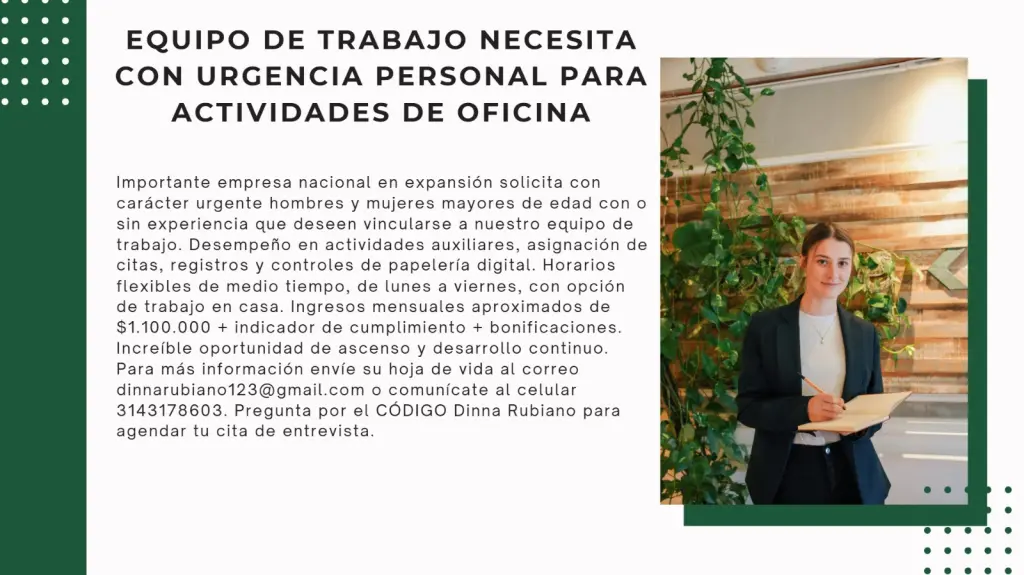 EQUIPO DE TRABAJO NECESITA  CON URGENCIA PERSONAL  DE OFICINA
