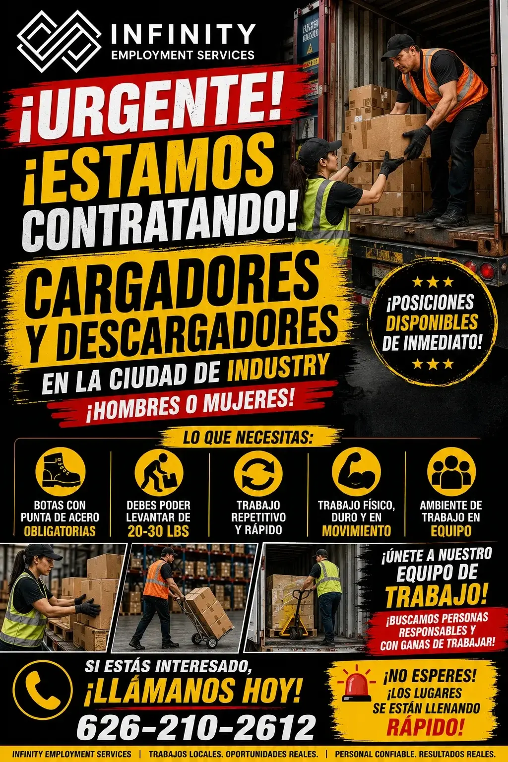 ¡SE NECESITAN CARGADORES Y DESCARGADORES – CITY OF INDUSTRY!