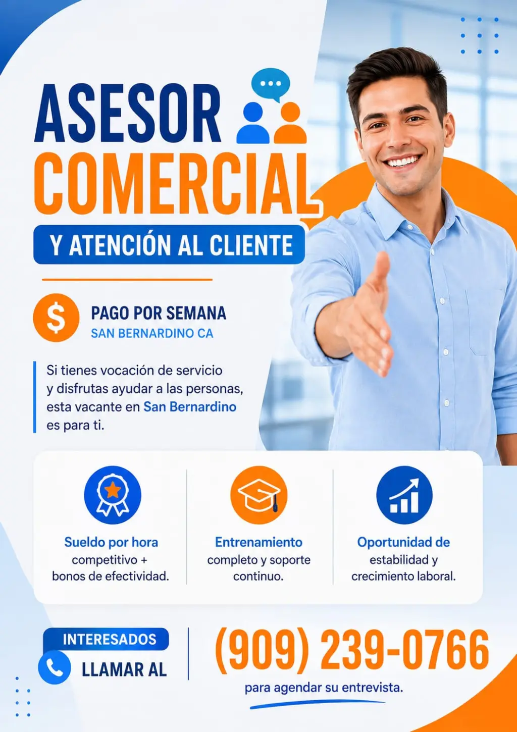 Asesor comercial y atención al cliente – Pago por semana / San Bernardino CA