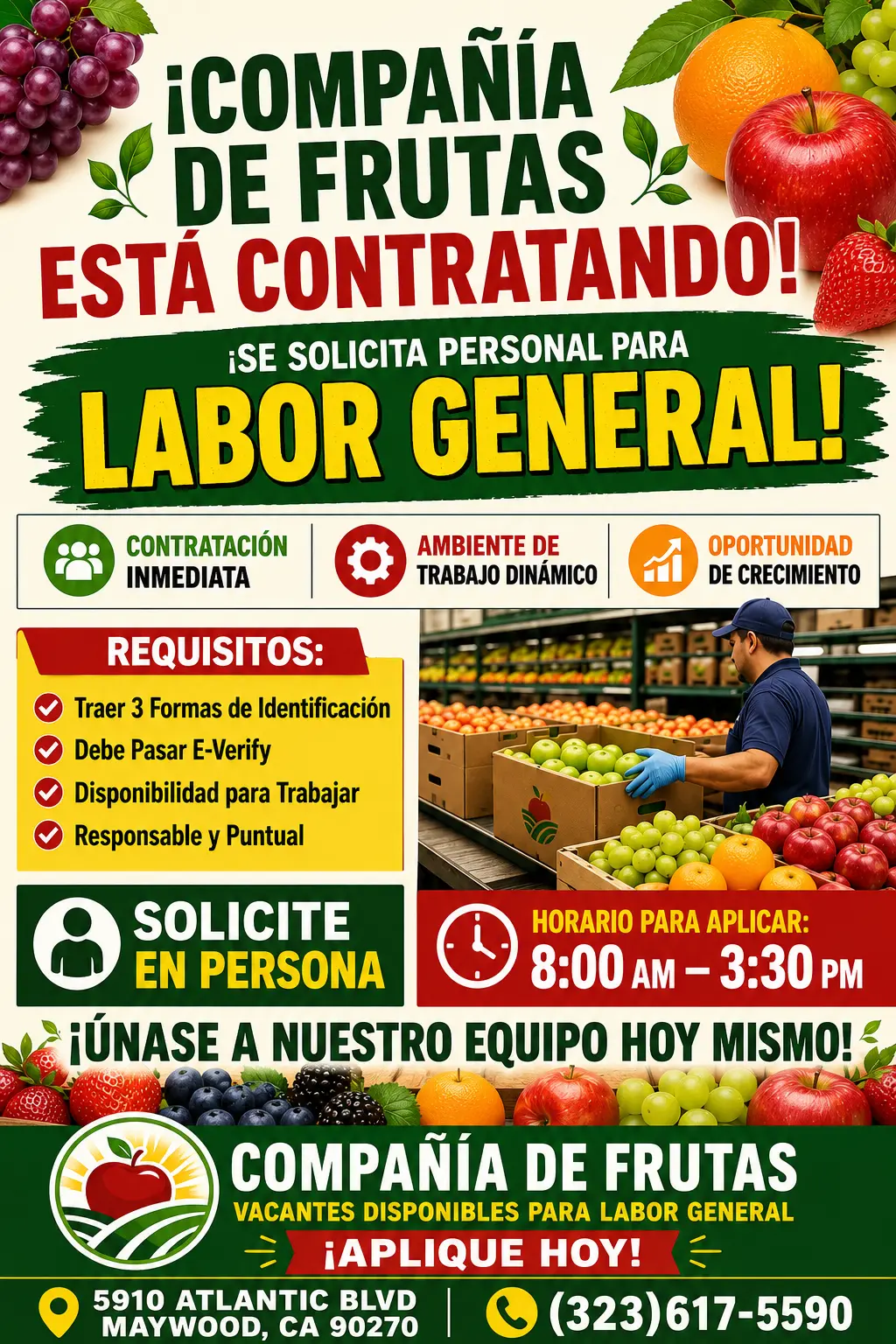 ¡Compañía de Frutas Está Contratando Personal General!