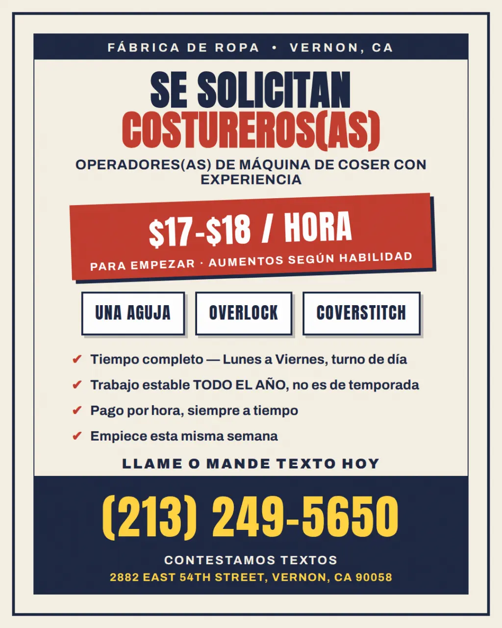 SE SOLICITAN OPERADORES(AS) DE COSTURA — $17–$18/HR