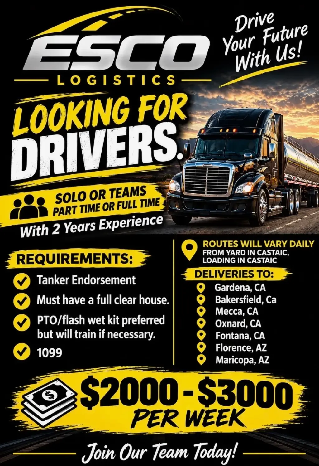 Class A Driver Tanker Endorsement **up to $3,000 Weekly**