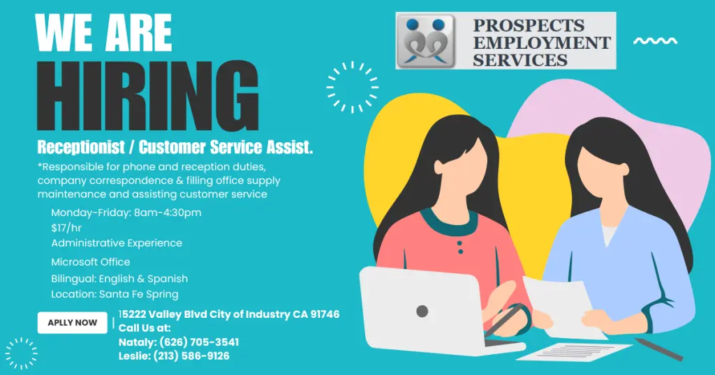 Receptionist / Recepcionista / Asistente de Servicio al Cliente