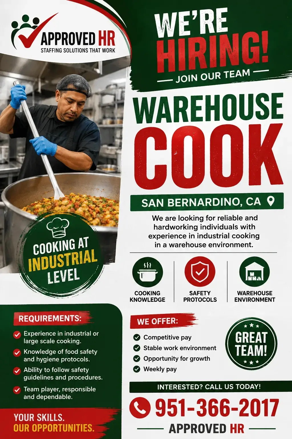 🚨 NOW HIRING – WAREHOUSE INDUSTRIAL COOK 🚨
