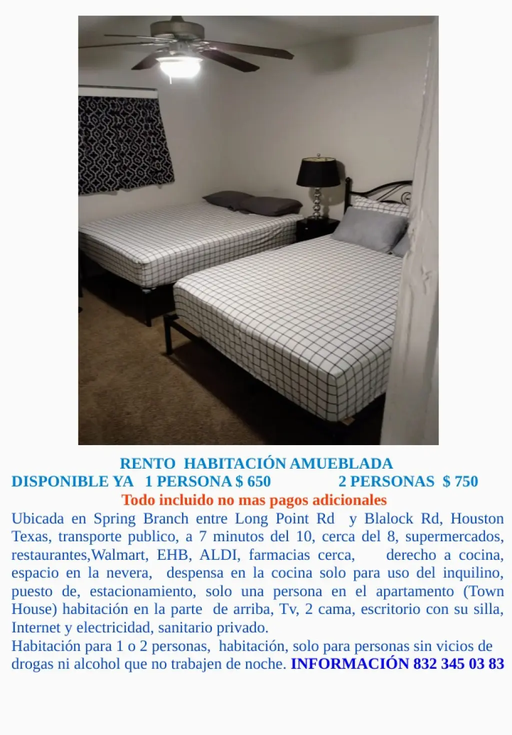Habitación Amueblada en Renta en Spring Branch