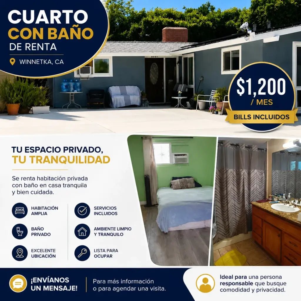🏡 Cuarto con Baño Privado en Renta – Winnetka, CA