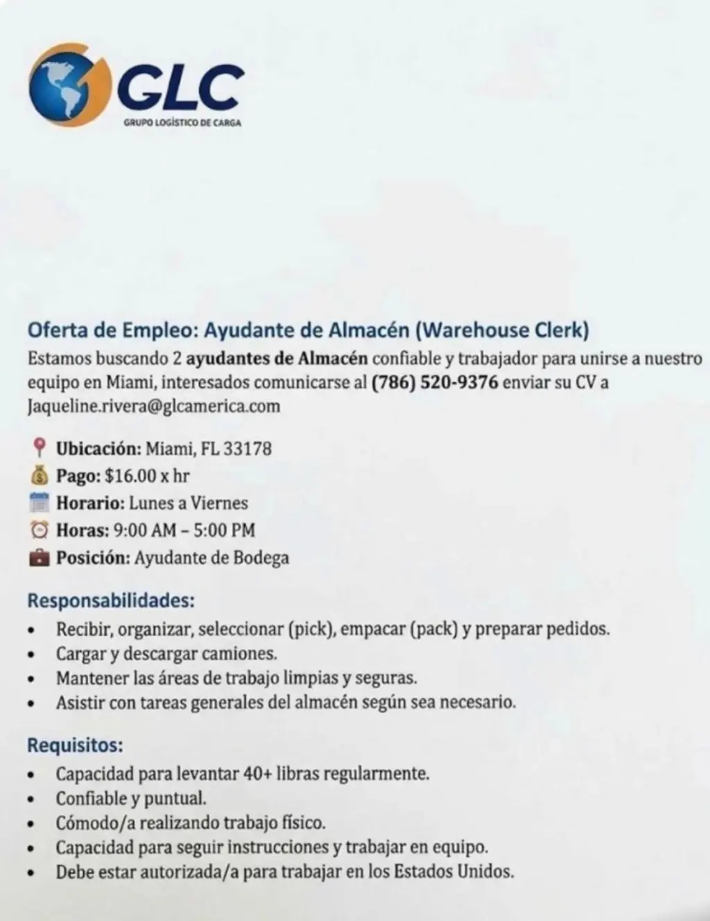 Oportunidad de Empleo: Ayudante de Almacén en Miami