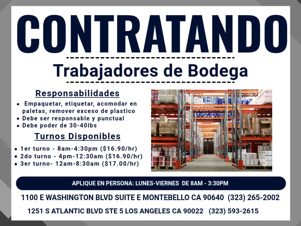 ESTAMOS CONTRATANDO TRABAJADORES DE BODEGA