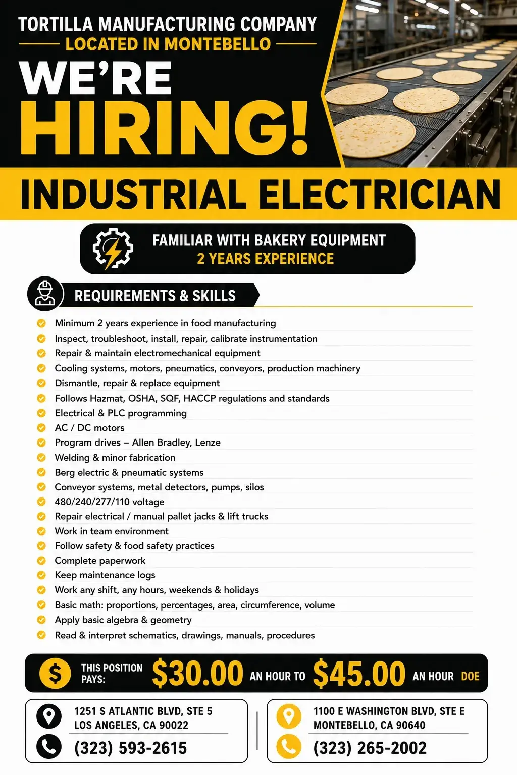 Industrial Electrician - Montebello, CA. Food Production Equipment,