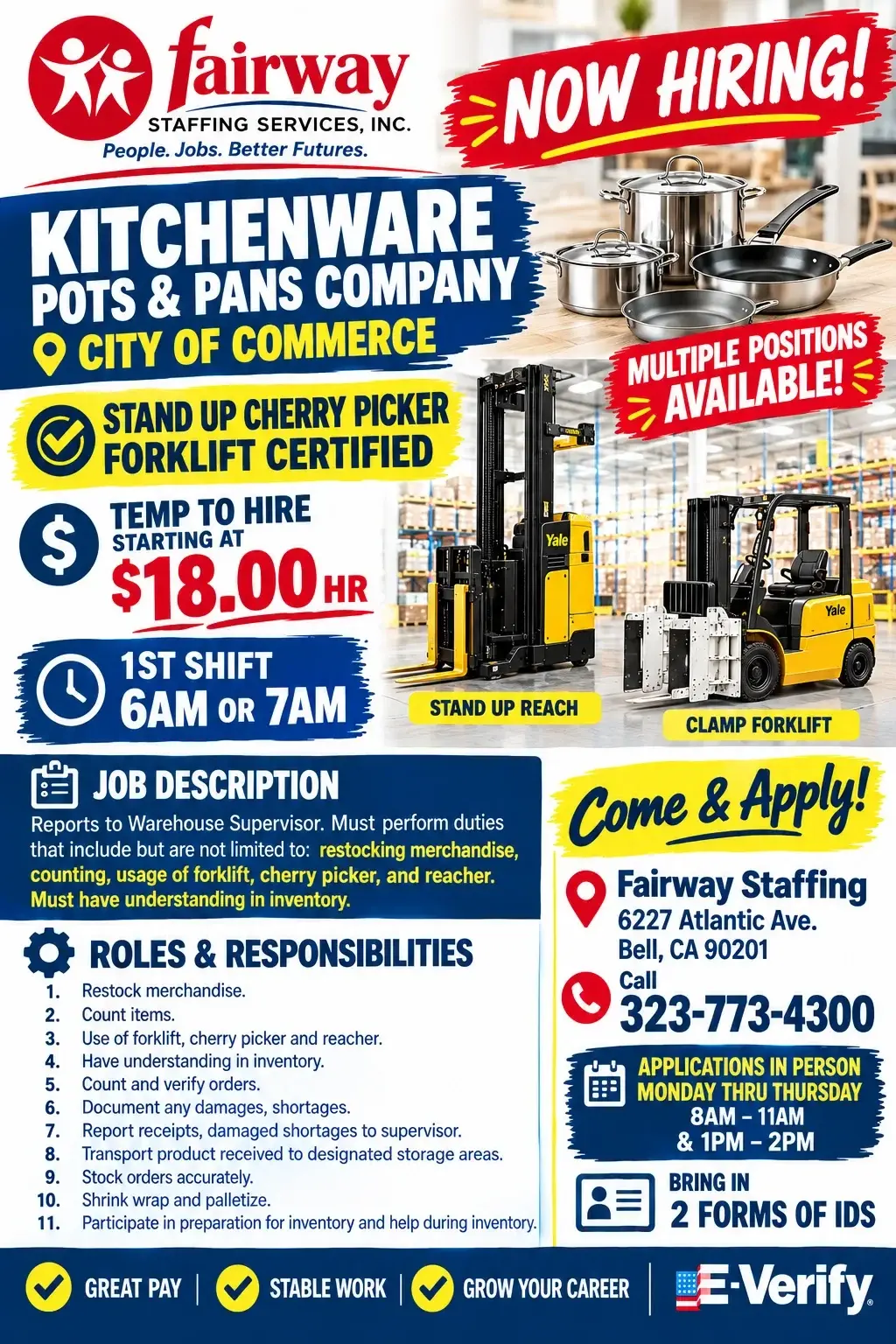 Now Hiring Certified Forklift Clamps drivers In Commerce