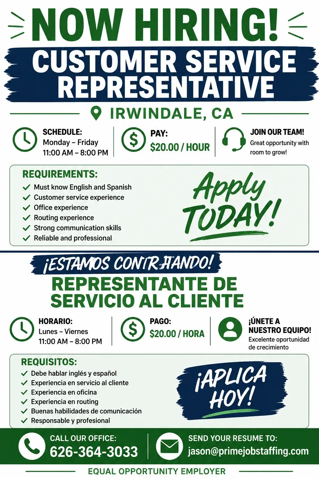ESTAMOS CONTRATANDO! Buscamos Representante de Servicio al Cliente en Irwindale.
