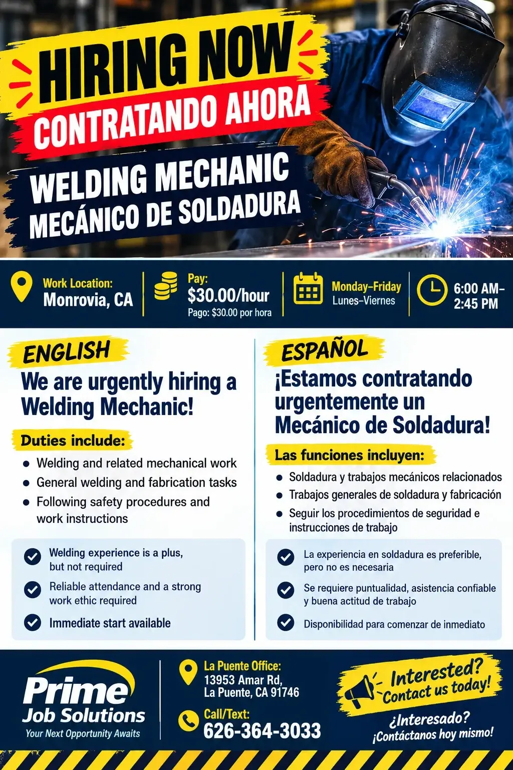 🚨 NOW HIRING: Welding Mechanic – $30/HR | Monrovia, CA 🚨