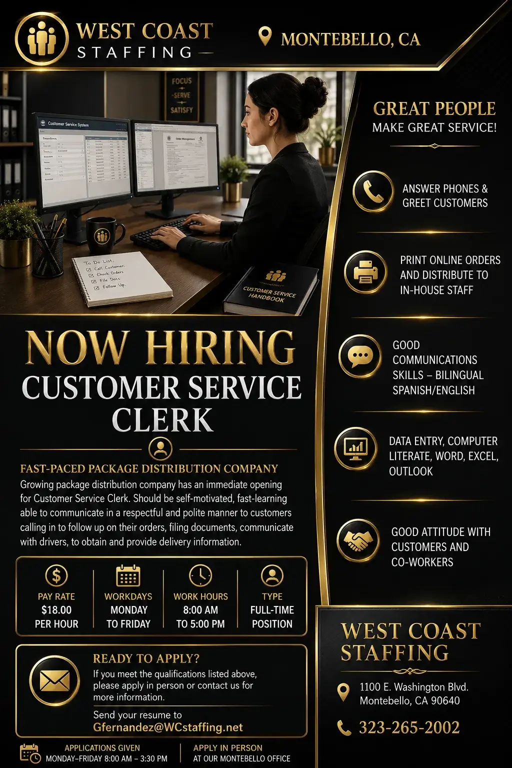 Full-Time: Customer Service Clerk - Montebello, CA