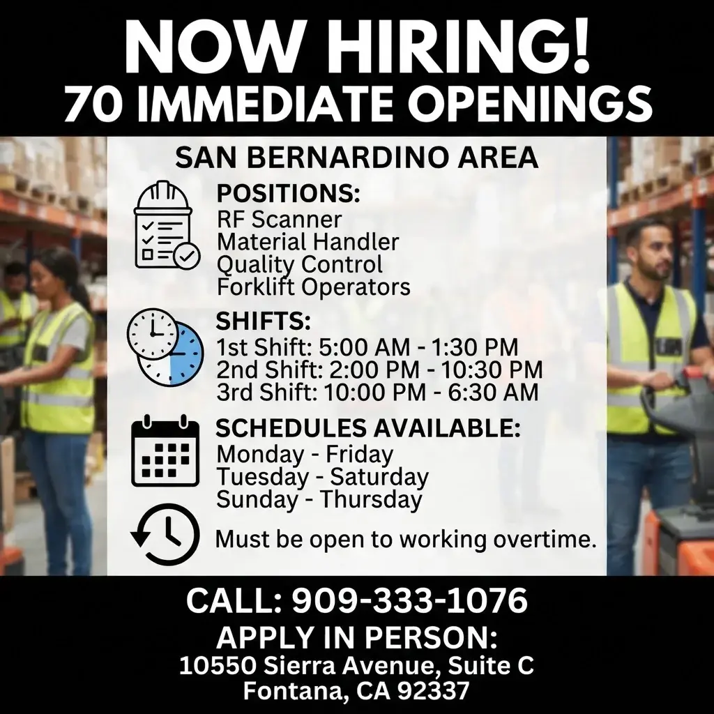 Ofertas de Trabajo en el Área de San Bernardino - ¡70 Puestos Disponibles!
