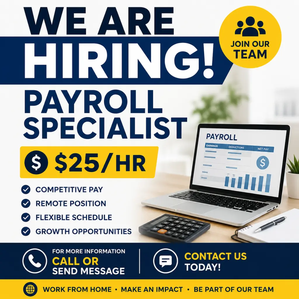 Payroll Specialist Needed $1000 Weekly